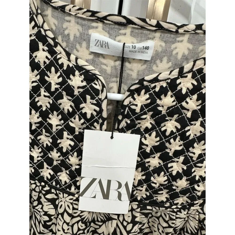 Zara Girls Black Floral Quilted Tiered Dress Size 10 Knee Length‎ Casual